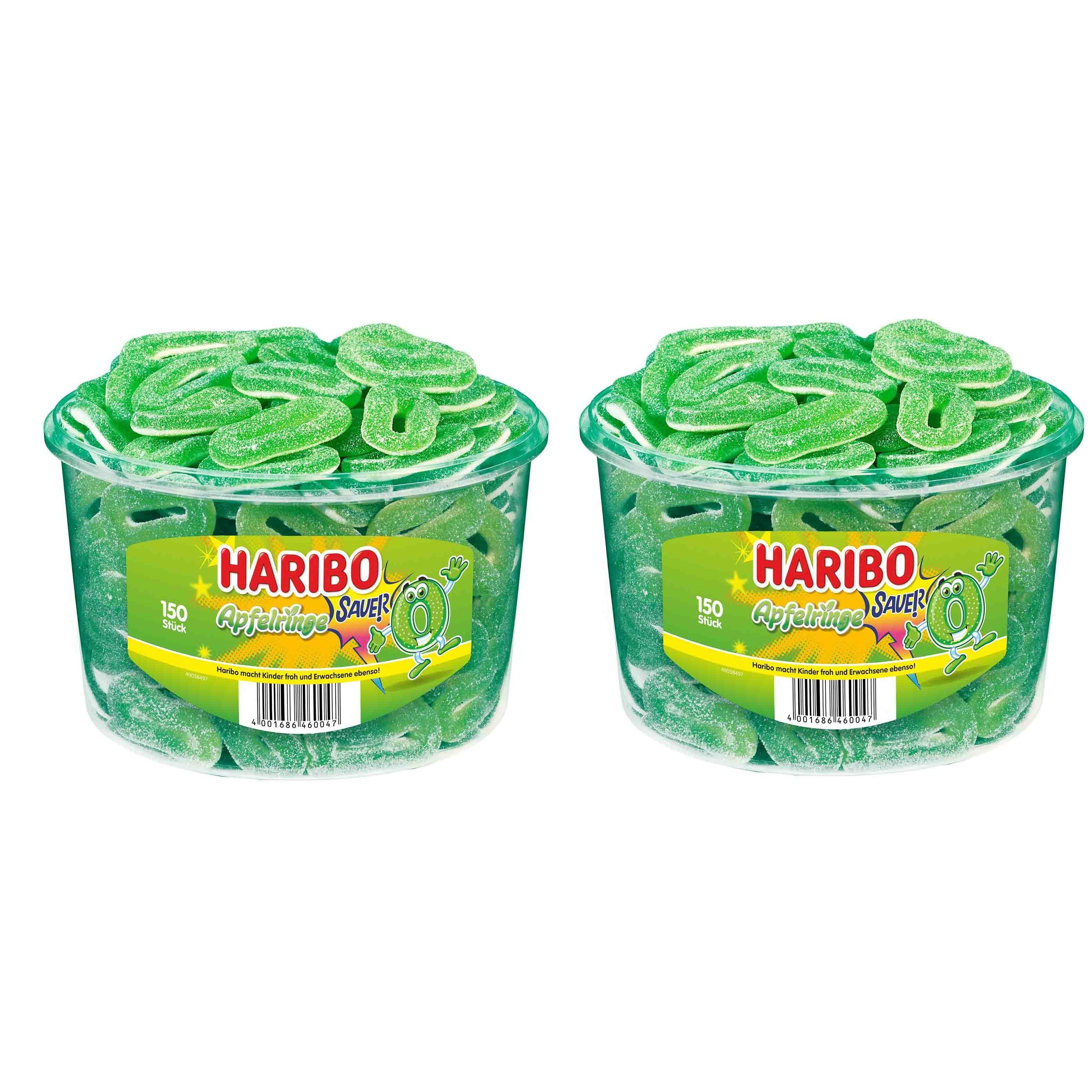 Image of 2 Cans Of Haribo Rings Sour (2 X 1200g) Soft And Sour Rings Made Of Fruit Gum And Foam Sugar. Without Artificial Colorants.
