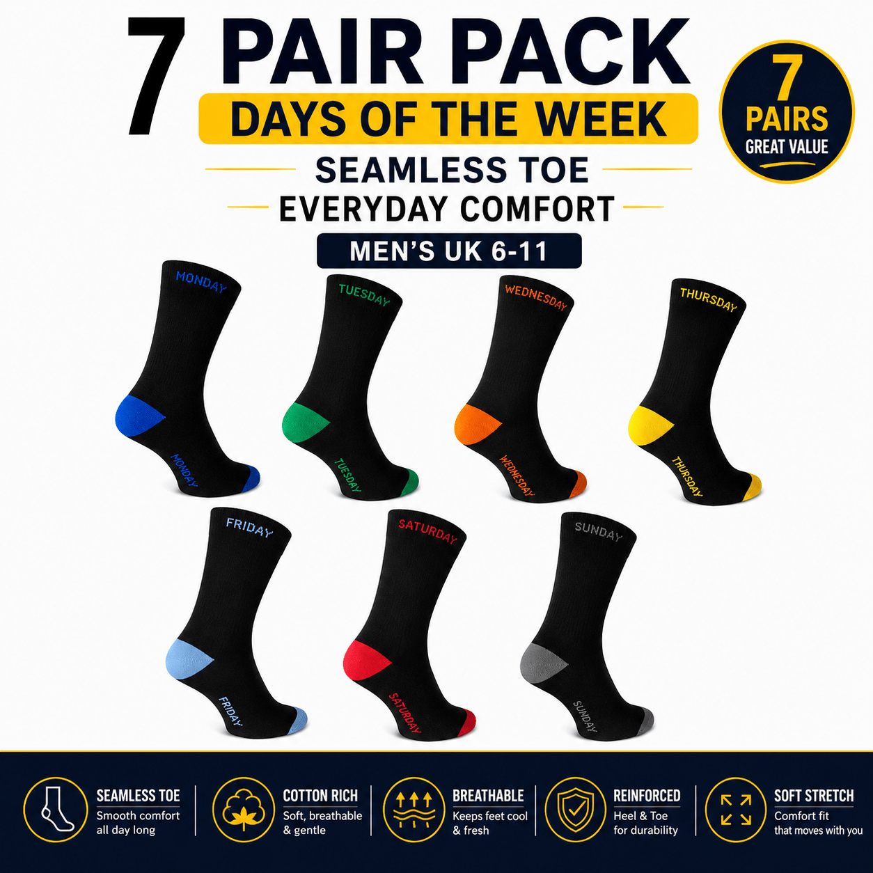 TEMU 7 Pairs Men's Novelty Weekday Socks Seamless Toe Everyday Crew Socks Uk 6-11 Gift Idea