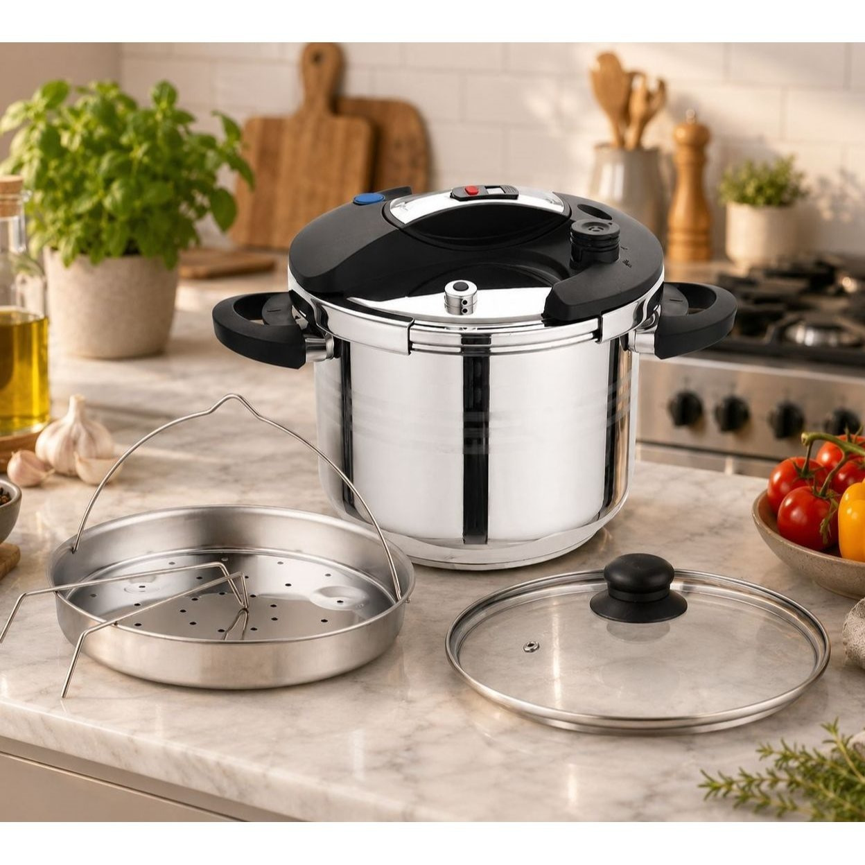 TEMU 8l Stainless Steel Pressure Cooker With Steamer Basket & Glass Lid, Large Induction Compatible Pressure Pot With Led Pressure Indicator And