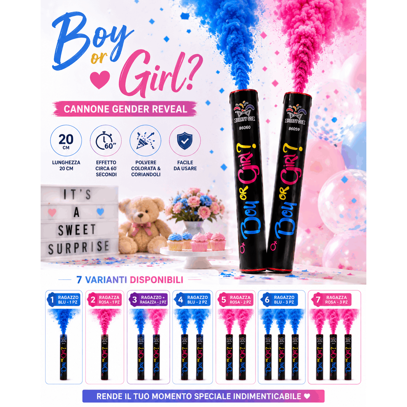 TEMU Cannone Gender Reveal Boy or Girl, Party Go Tubo da 20 cm con Colorata e , 60 Secondi, Decorazione Baby Shower per Foto e Video, Blu/Rosa, 1/2/3