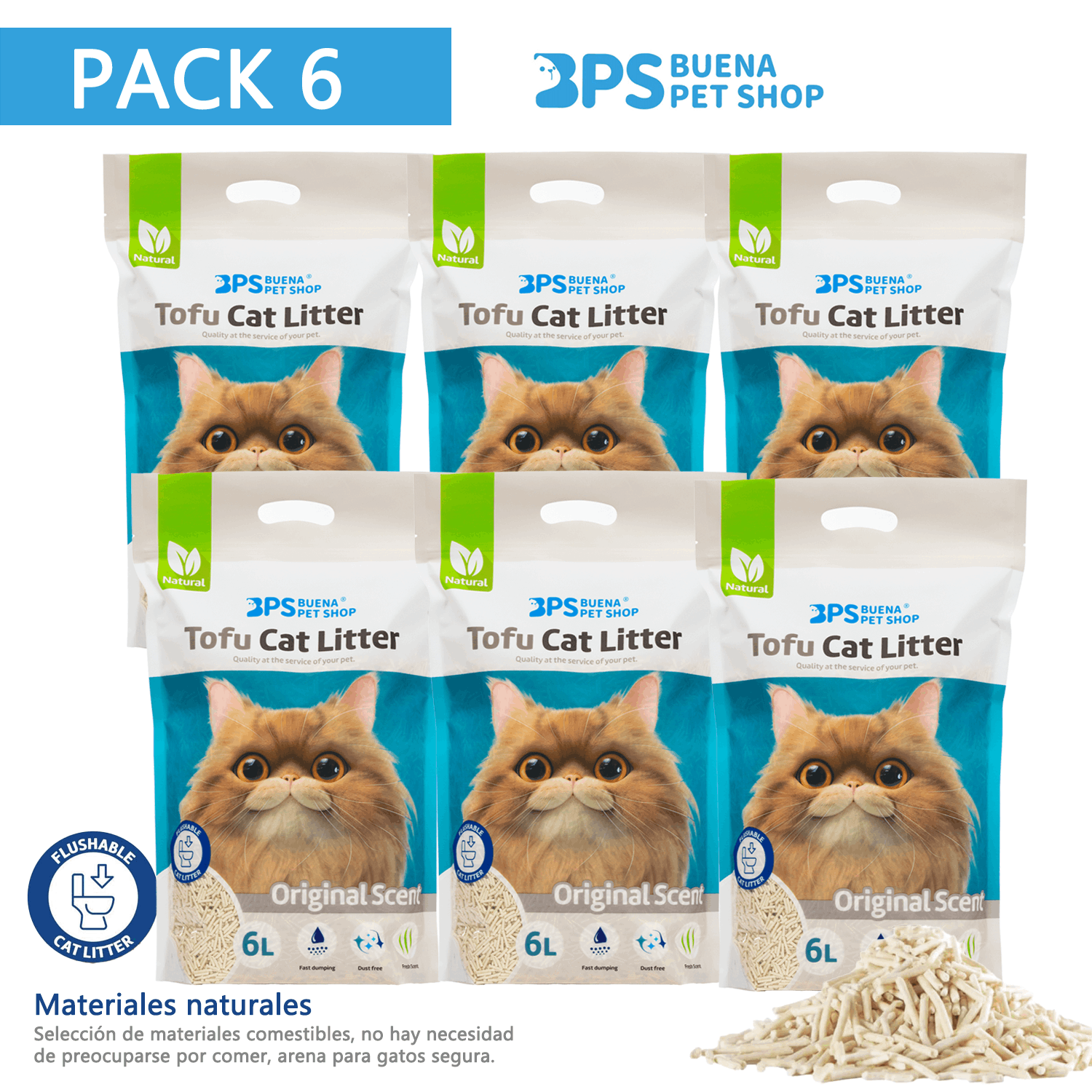 TEMU Arena de Tofu para Gatos 6L - Sin Polvo Fácil de Aglomerar y Olores - y para Gatitos - Pack de 6 Bolsas