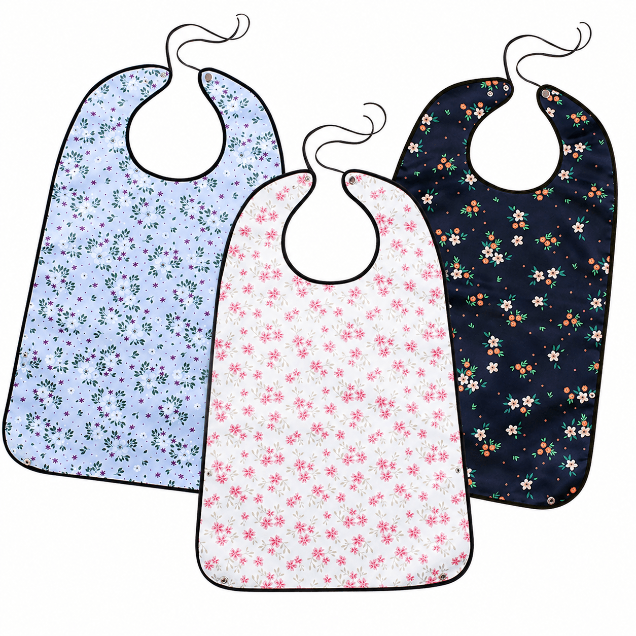 Image of 3-piece Set Of Adult Bibs With Floral Pattern, 75 X 50 Cm, Washable, Water-resistant, Drool Bib / Feeding Bib With Crumb Pocket, Snap Buttons & Ties, Clothing Protection For Seniors, , Home Use