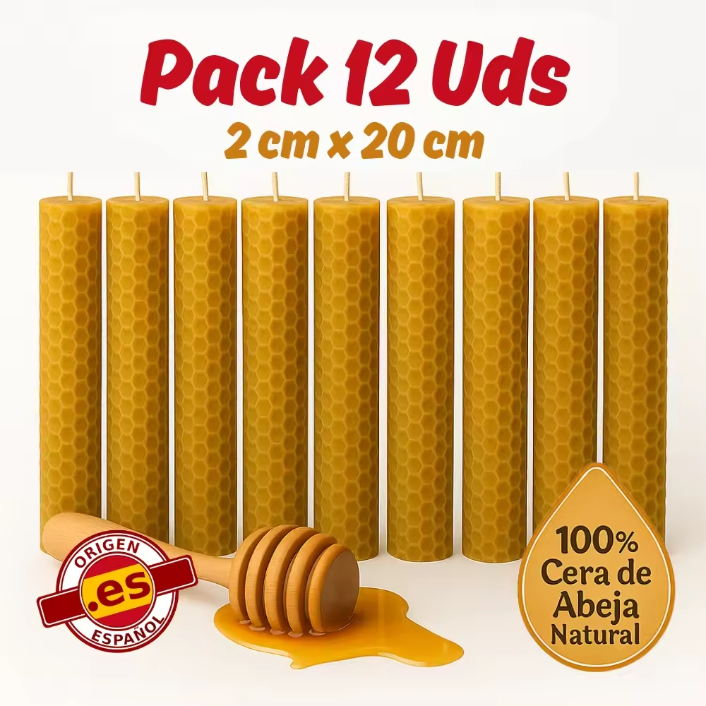 TEMU Pack 12 Velas de Cera de Abeja | Sin | 2x20cm | Meditación y Relajación | Artesanales de Apicultores Españoles