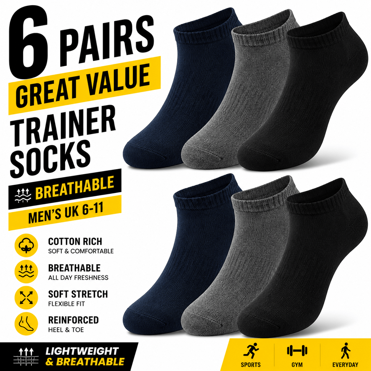 TEMU 6 Pairs Men's Running Trainer Socks Breathable Low Cut Sports Socks Black Navy Grey