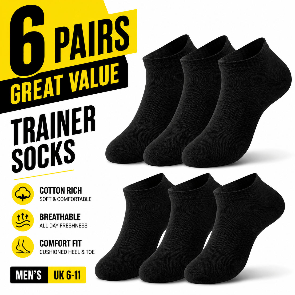 TEMU 6 Pairs Men’s Black Trainer Socks Uk 6-11 Ankle Sports Socks Soft Breathable Everyday Socks