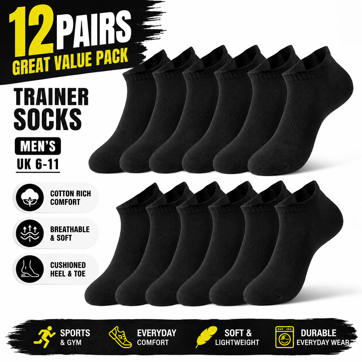 TEMU 12 Pairs Men’s Trainer Socks Black Sports Ankle Socks Soft Breathable Everyday Uk 6-11