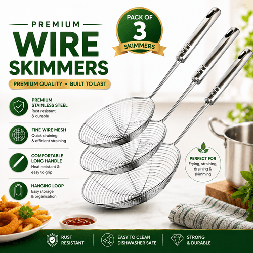 3pcs kitchen tools stainless steel spider strainer set for 15cm 17cm 19cm durable metal skimmers with long handles skimming spoons for frying pasta with hanging loop