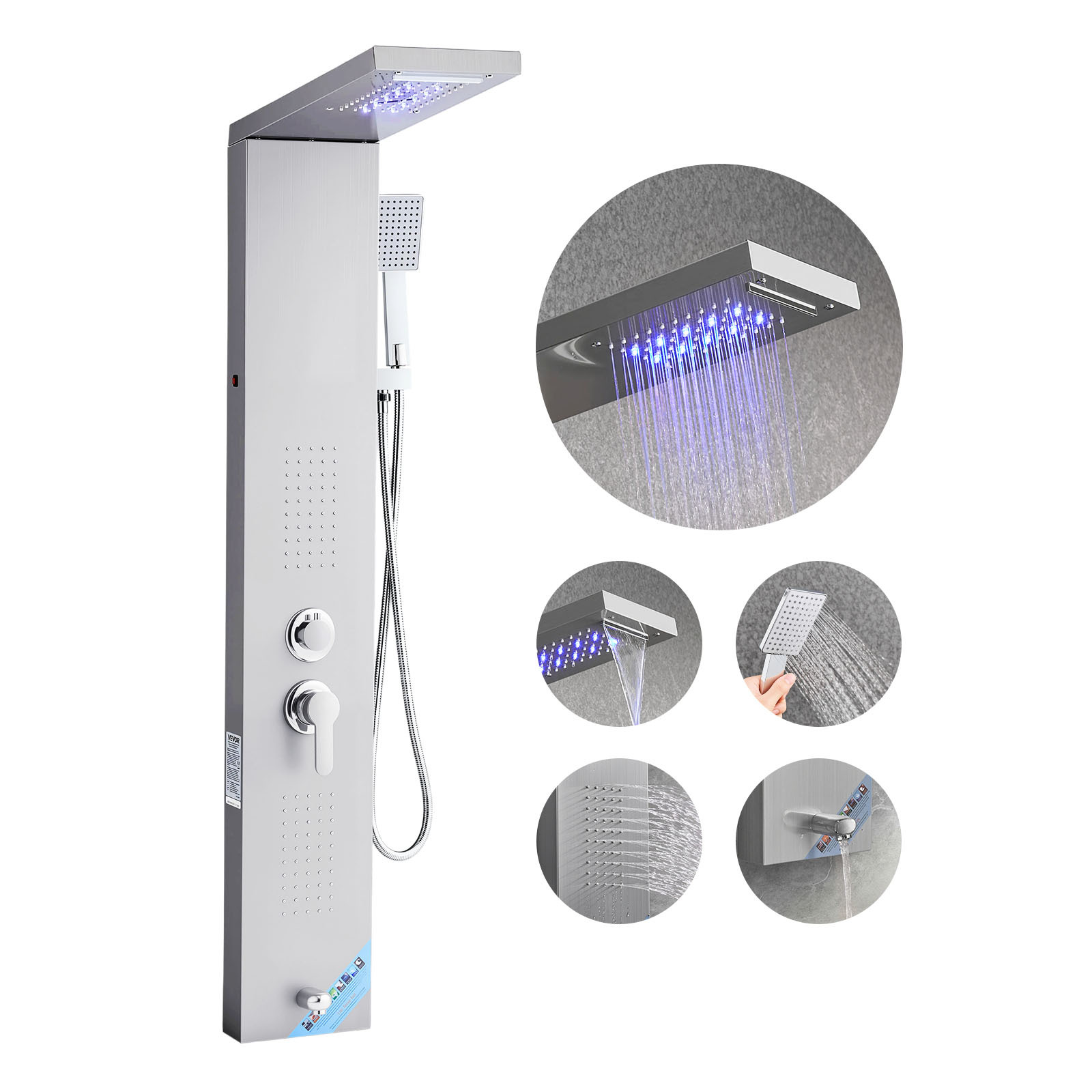 Image of Shower Panel Tower System With Waterfall Shower Head, Led, 53 In Brushed Stainless Steel Shower Column, 5-function Faucet, Wall-mount Rain Massage System, With Handheld, Tub Spout