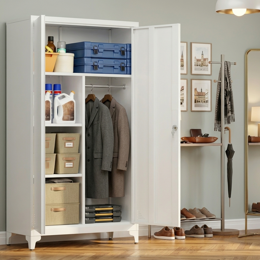 TEMU Metal Cabinet, Wardrobe Cabinet, Storage Cabinet, File Cabinet, 2 Doors, 5 Compartments, Hanging Rod, Lockable & High Feet For Storage