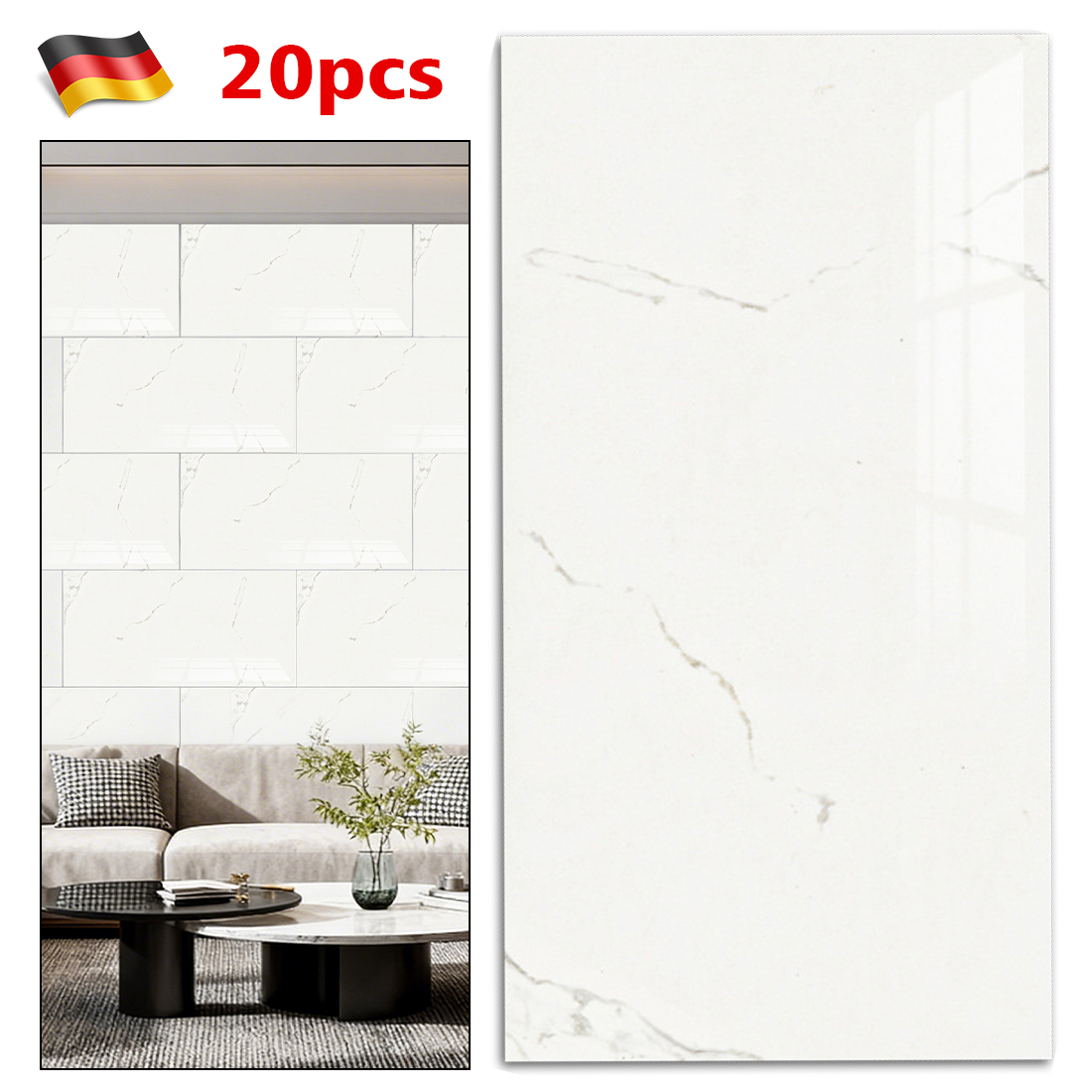 Image of 20pcs Marble Peel And Stick Wall Tiles, 30 X 60 Cm Self Adhesive Pvc Xpe Tile Stickers, Waterproof Decorative Wall Panels For Kitchen, Bathroom, Living Room And Bedroom