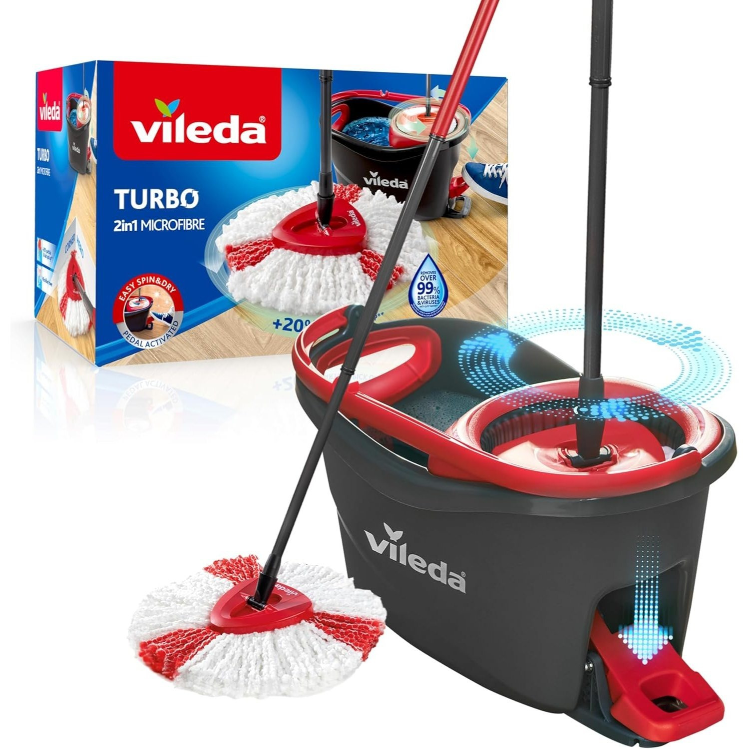 TEMU Vileda Rotating Floor Mop With Bucket And Pedal | Telescopic Handle 55–130 Cm | Spin Mop With Centrifugal Wringing | 2-in-1 Microfiber Pad |