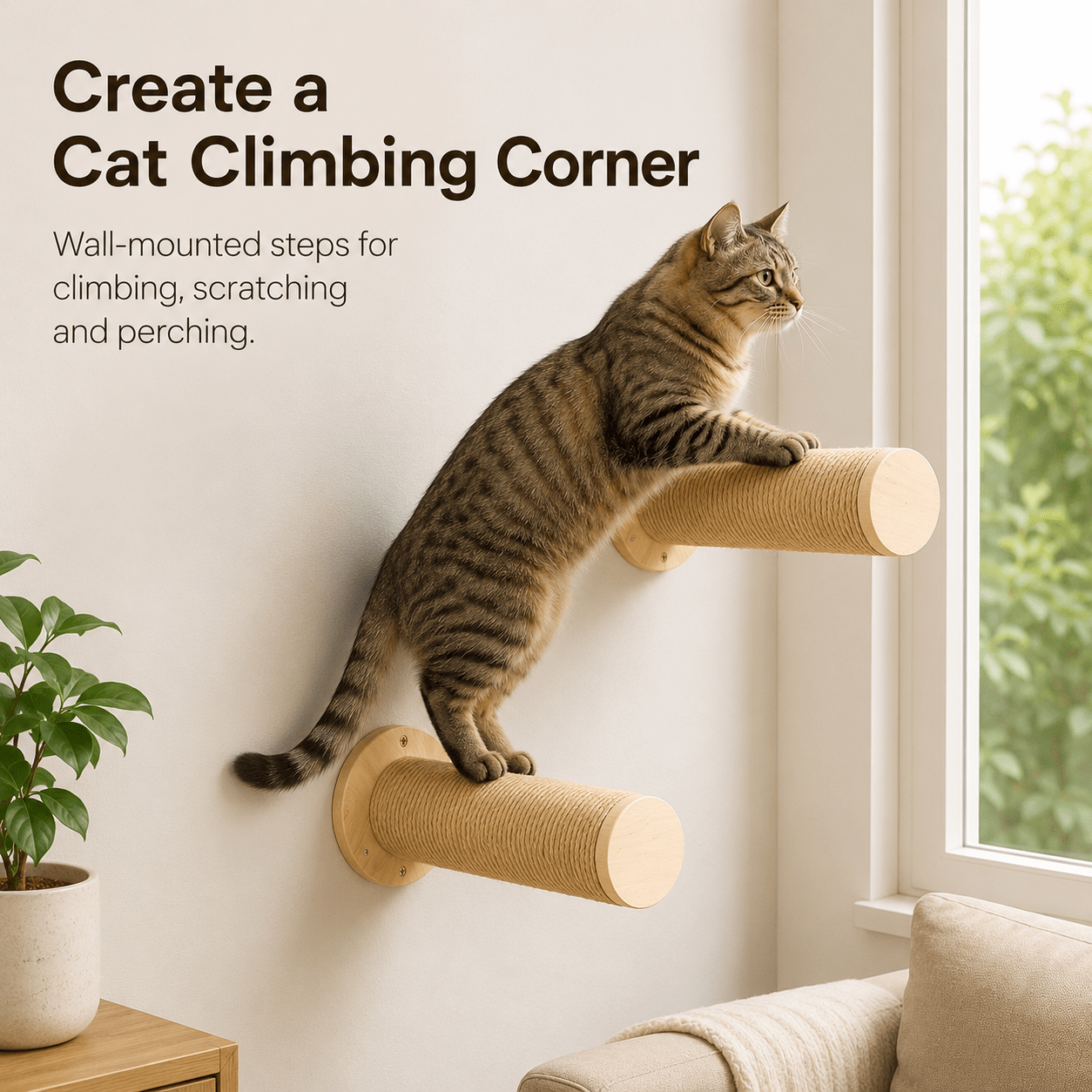 2 Pcs Wall-Mounted Cat Scratching Steps with Sisal Rope
