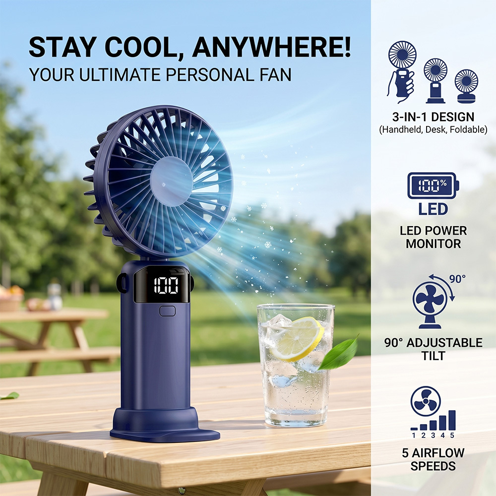 TEMU Mini ventilateur portable, ventilateur de bureau pliable rechargeable équipé d'une lanière, 5 vitesses de vent réglables et affichage numérique