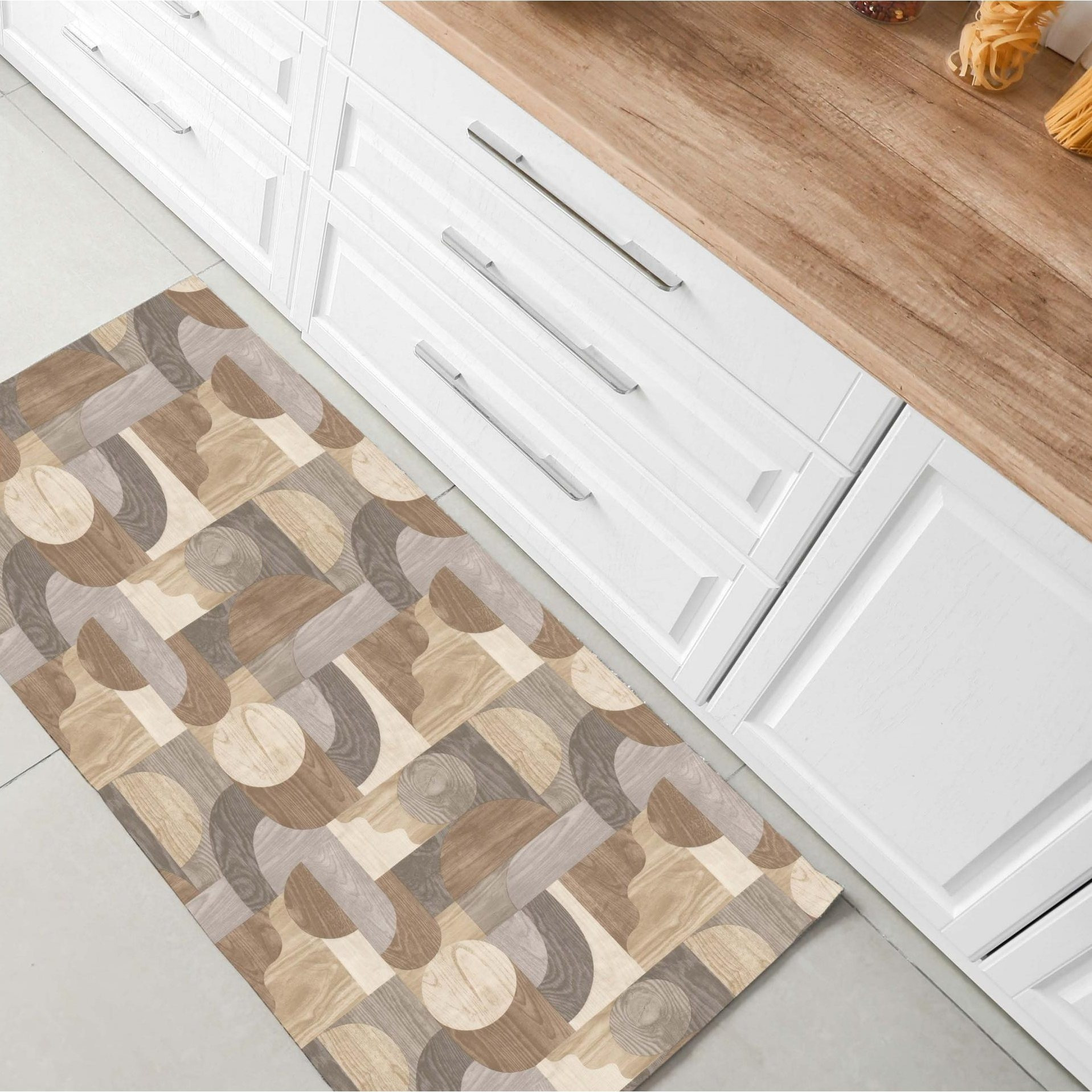 TEMU Alfombra vinílica antideslizante pasillera multiusos, diseño geométrico madera en beige y marrón, resistente y fácil de limpiar, ideal para