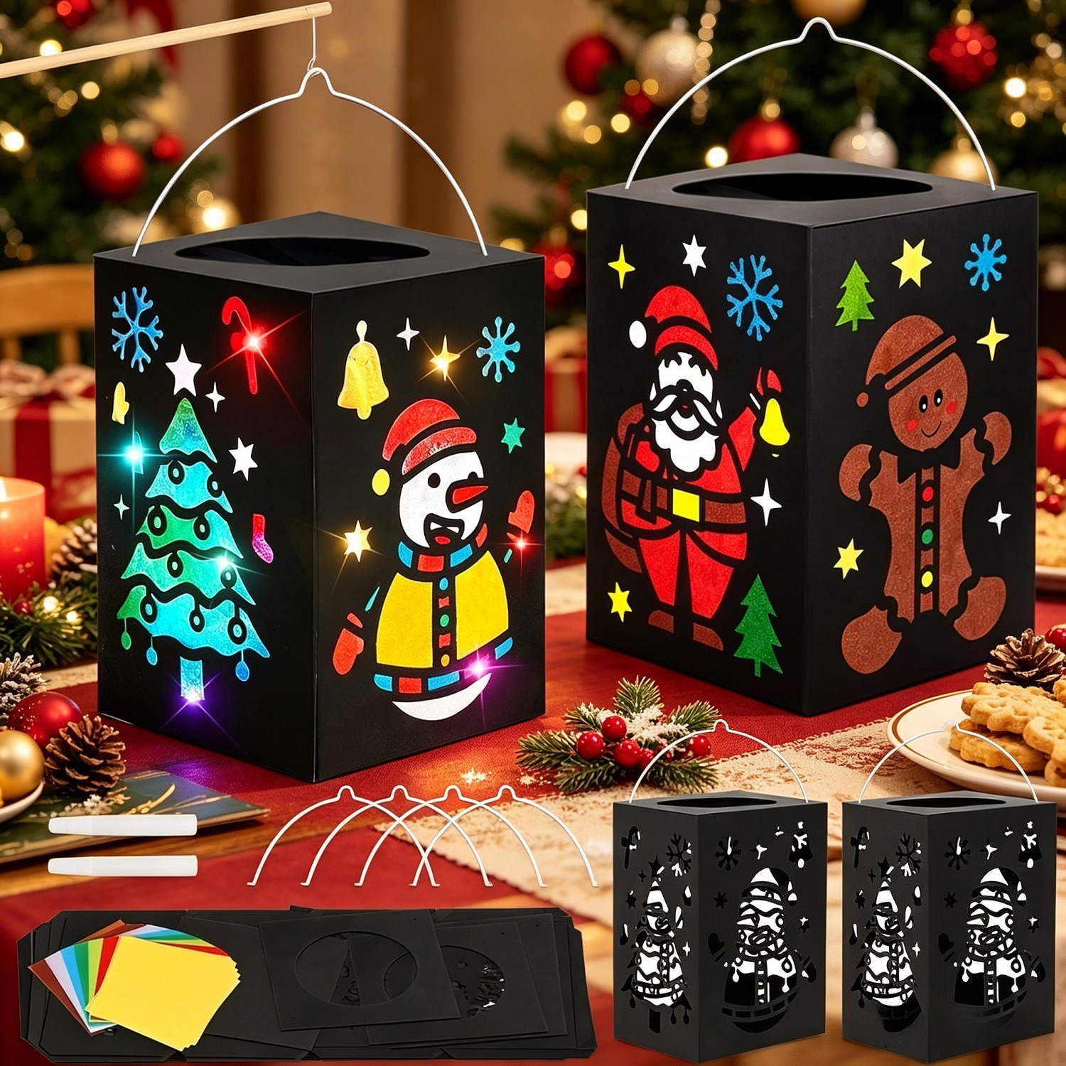 Diy Christmas Craft Kit With 4 Paper Lanterns, 4 Metal Handles And 70 Colorful Paper Sheets, Decorative Christmas Craft Accessory Party Accessory Set