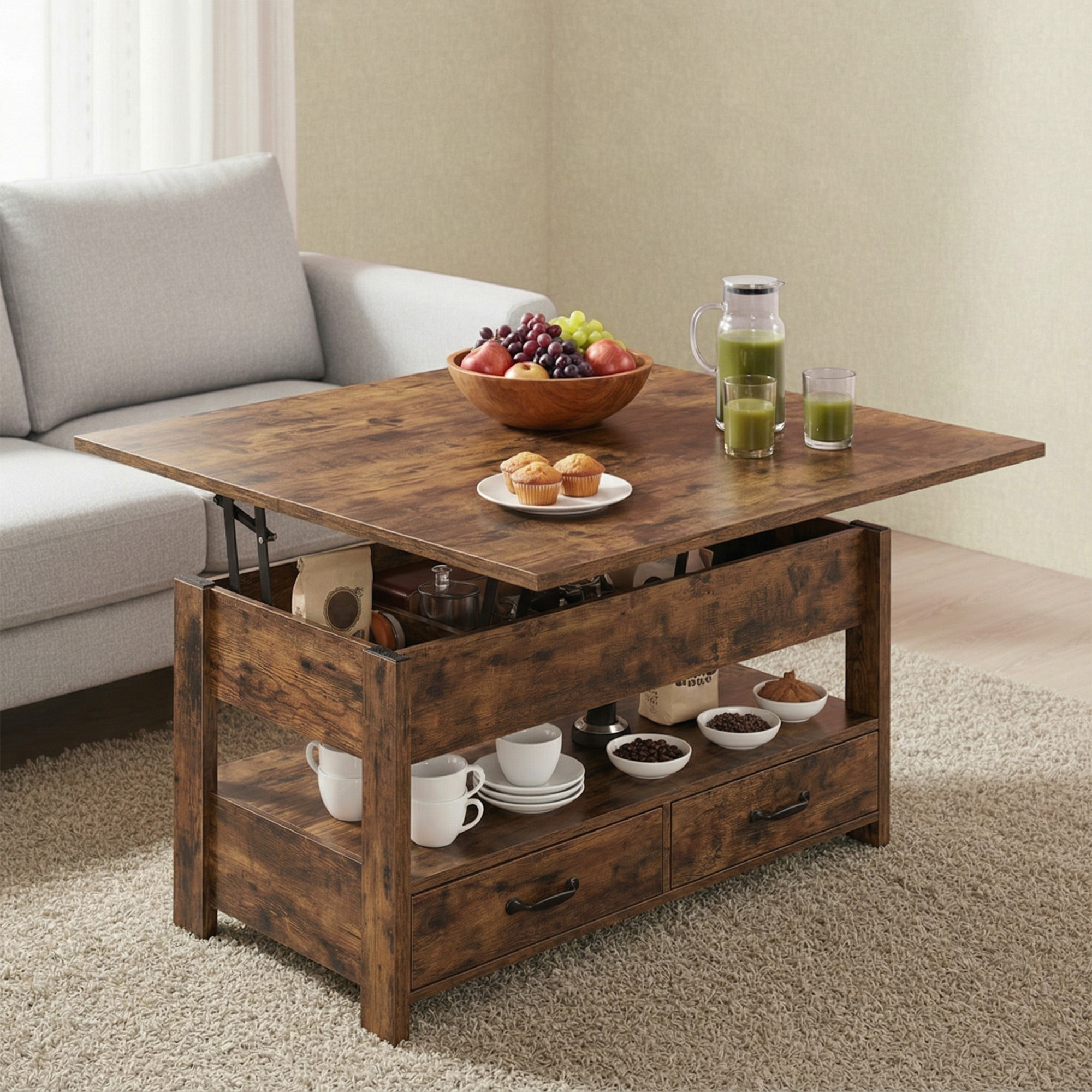 Coffee Table, Living Room Table, Gas Cylinder, Height Adjustable, Storage Space