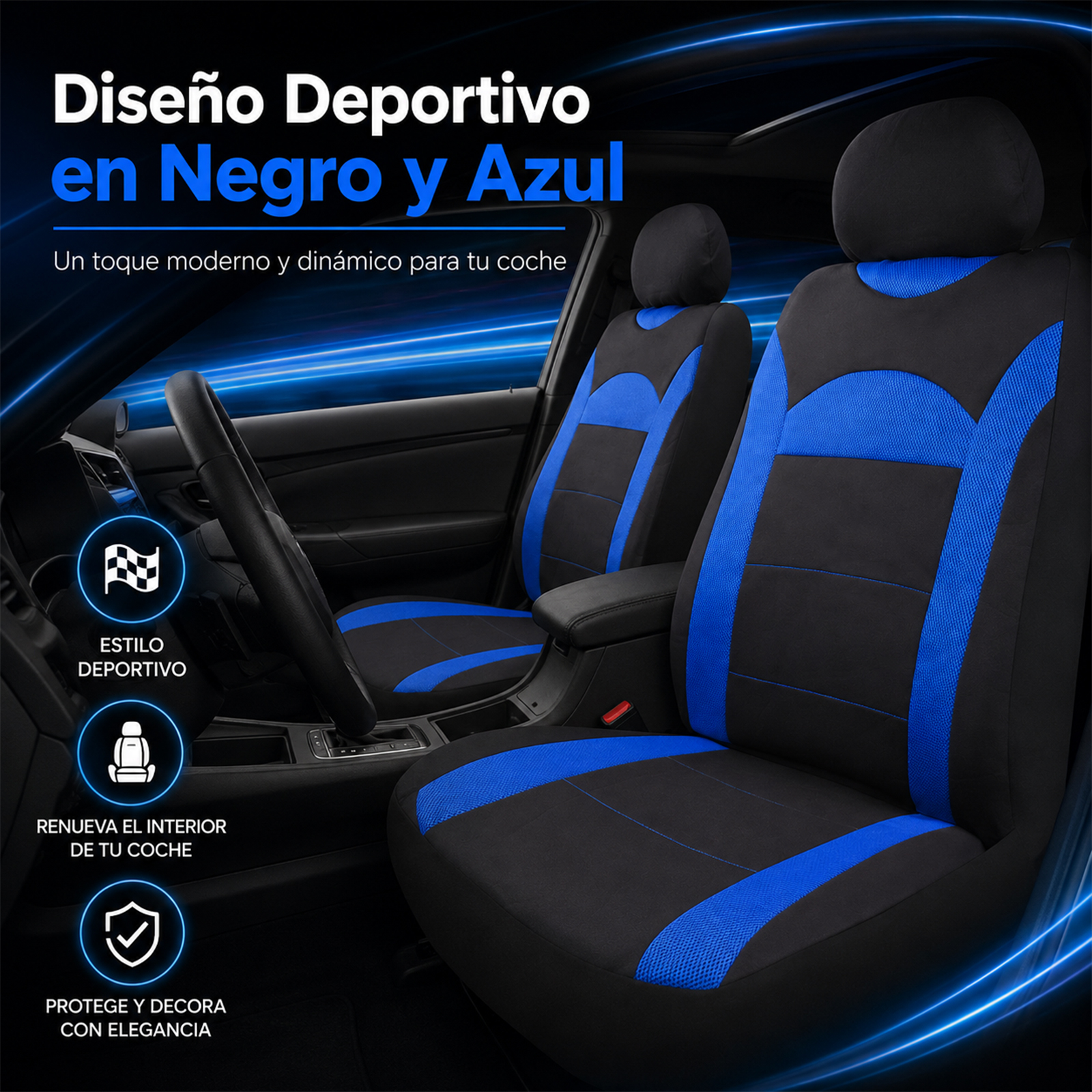 TEMU Universal para Asiento de Coche, 1 Pieza, Color Negro y Azul, Tela de Malla Transpirable, Fácil Instalación sin Herramientas, Compatible con