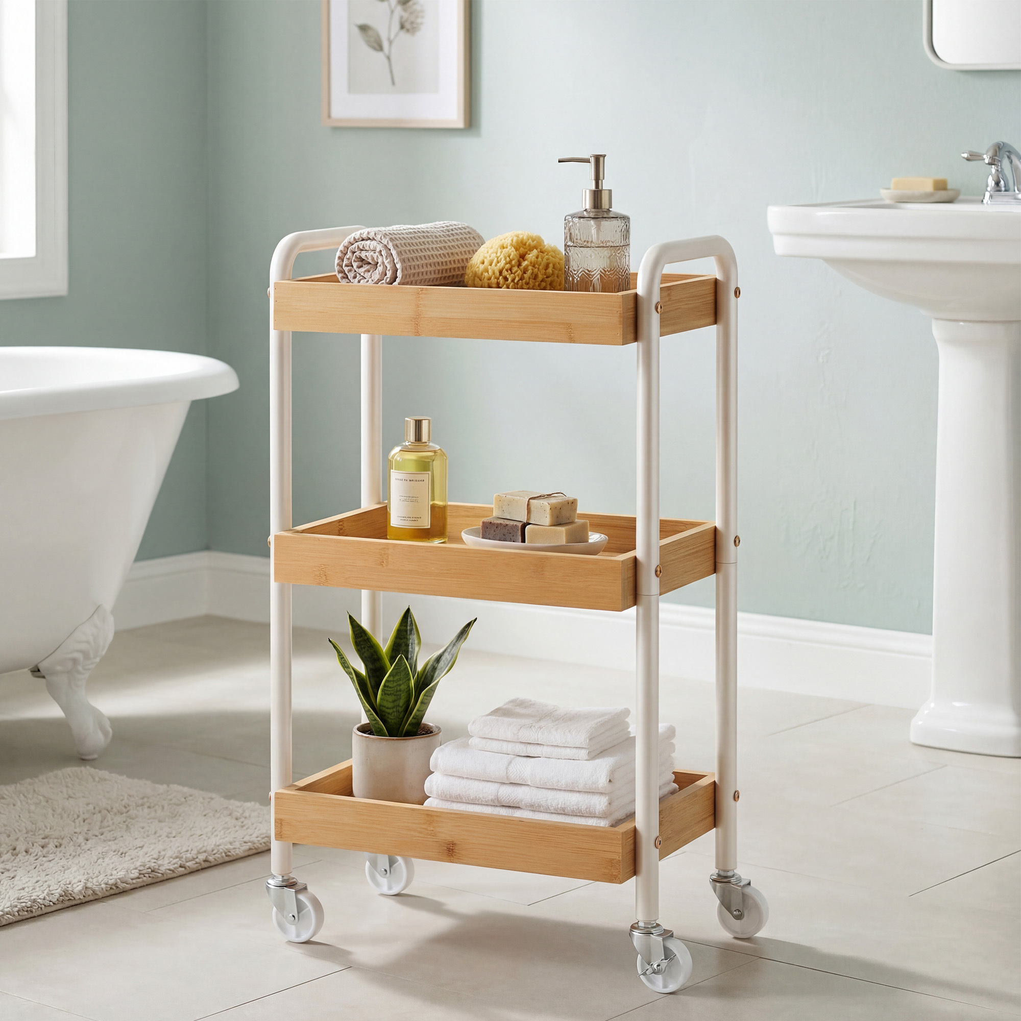 TEMU Chariot de rangement mobile à roulettes avec cadre en acier, dimensions 41,3 cm de largeur, 27,5 cm de et 73 cm de hauteur. Équipé de poignées,