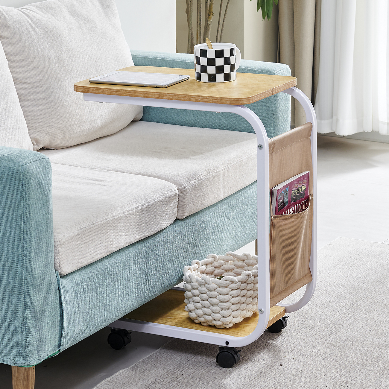 Side Table, Under Sofa Table For Living Room, Space- Side Table With Storage Basket And Wheels, Mobile Laptop Desk, Snack Table For Home, Office