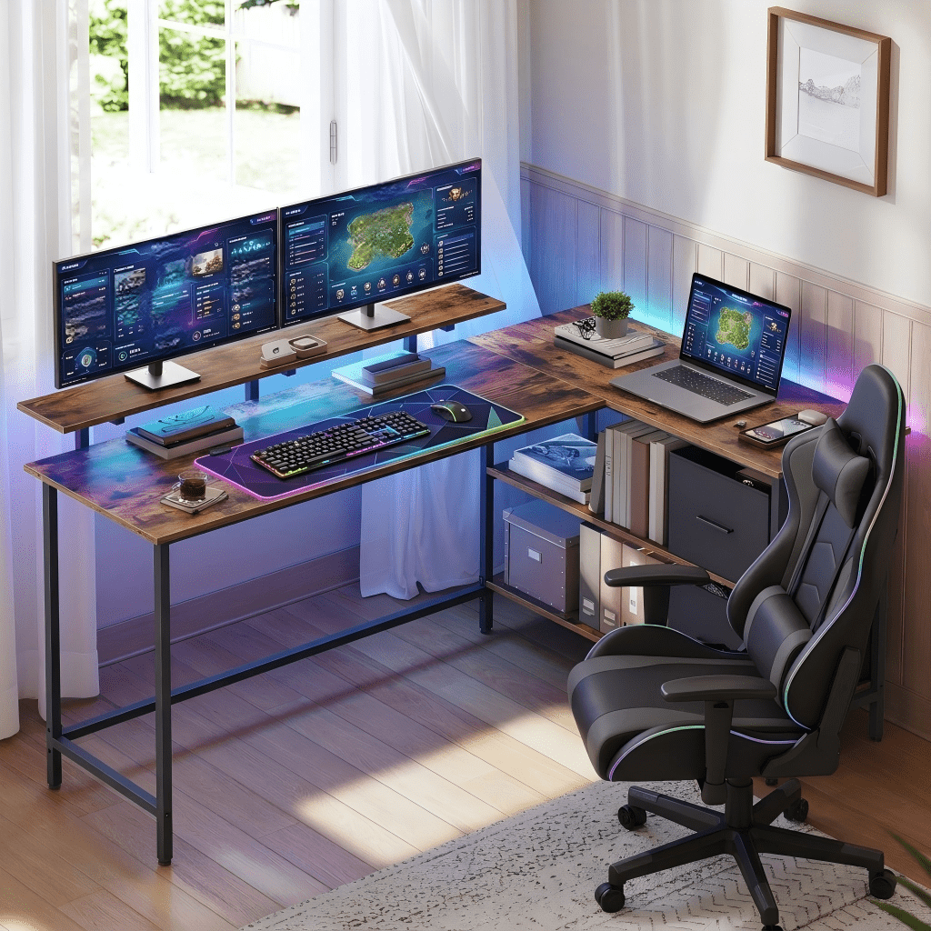 Corner Computer Desk With Monitor Stand, Computer Desk, Gaming Table, L-shaped Worktable, 2 Drawers, Height-adjustable, 155 X 105 Cm, Brown