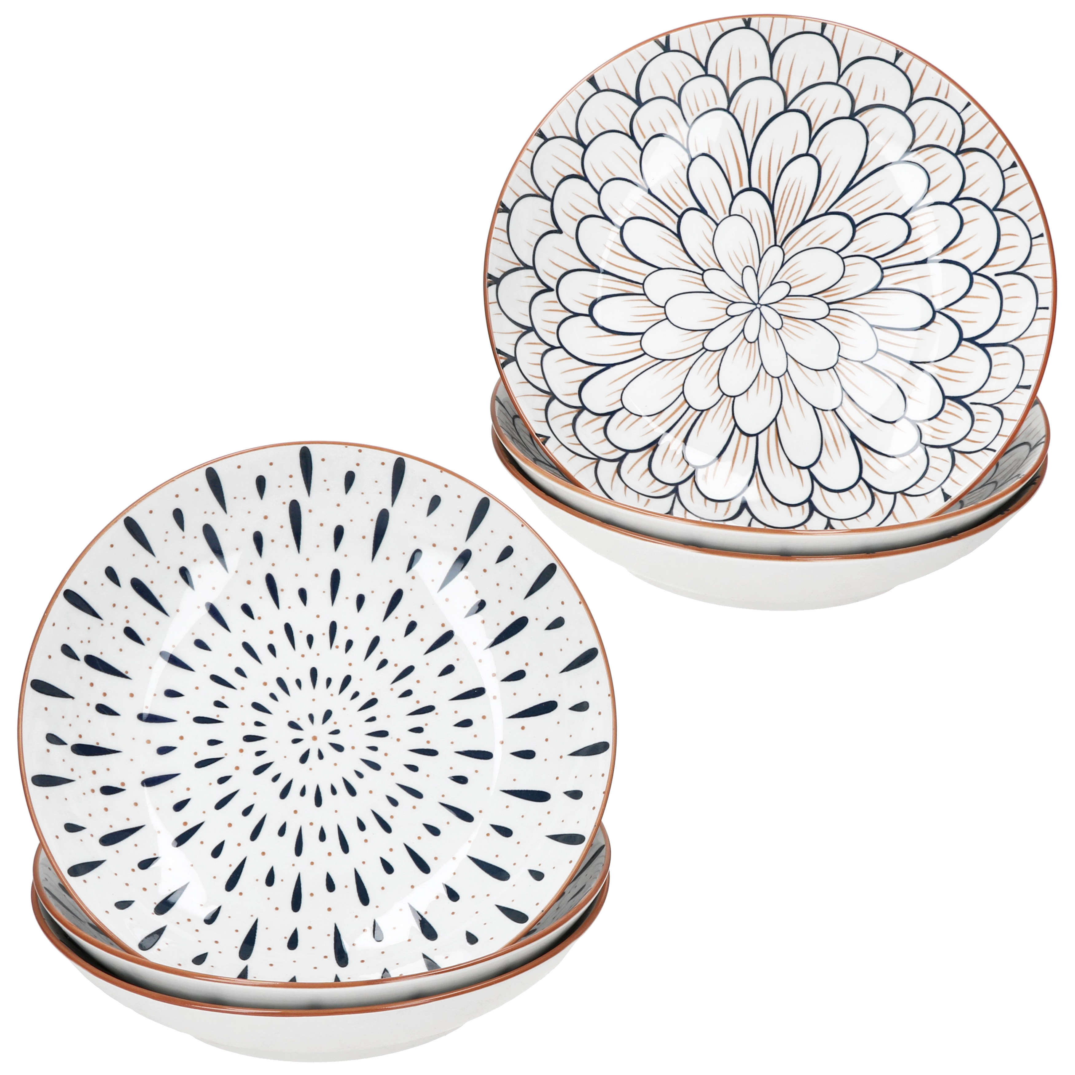 Image of 6x Soup Plates, Ø20cm, Stoneware, Drip Floral Pasta Design