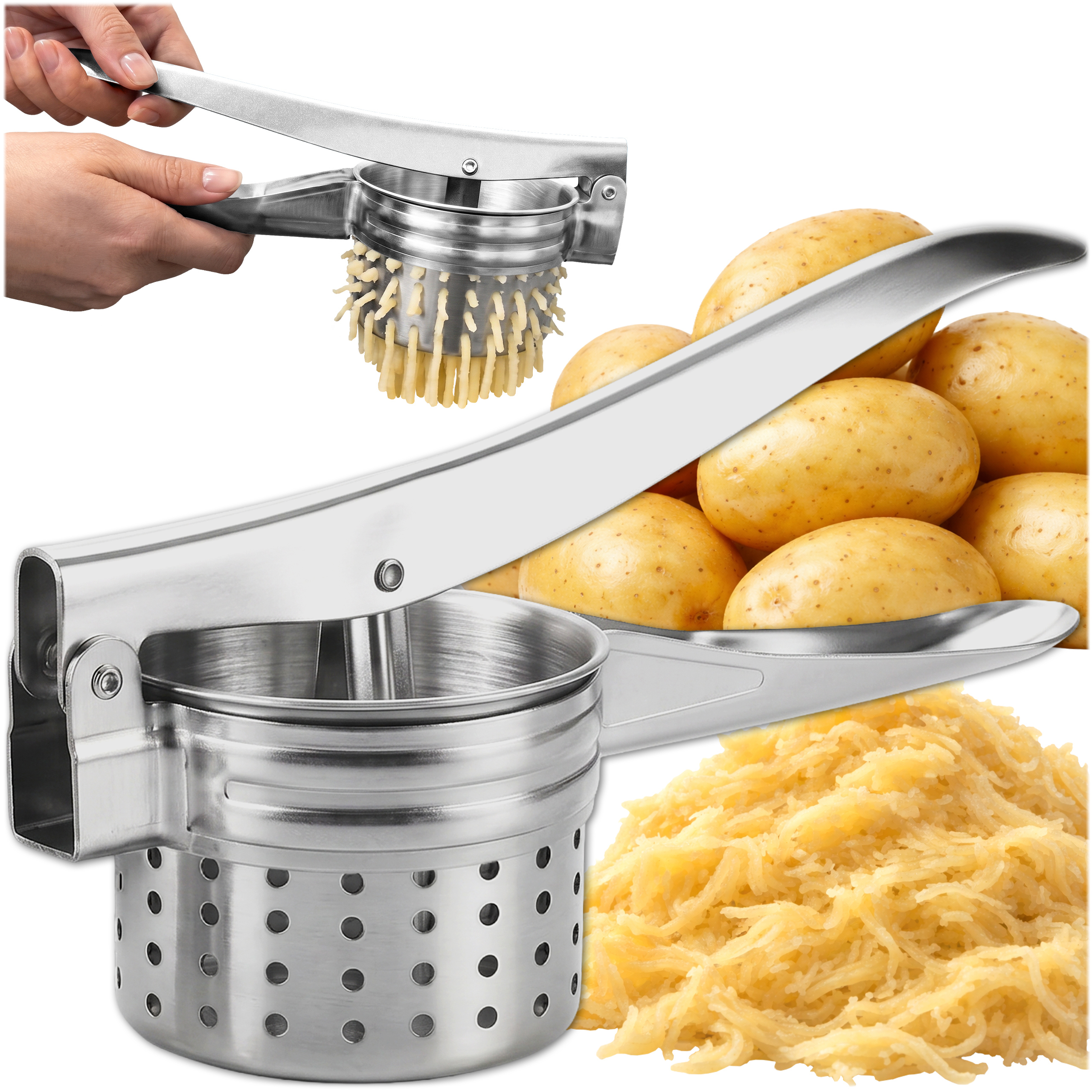 Potato Press Stainless Steel 26.5 Cm, Curved Potato Press For Purée, Dumplings, Gnocchi And Vegetables, Stable Kitchen Press With Long Handles