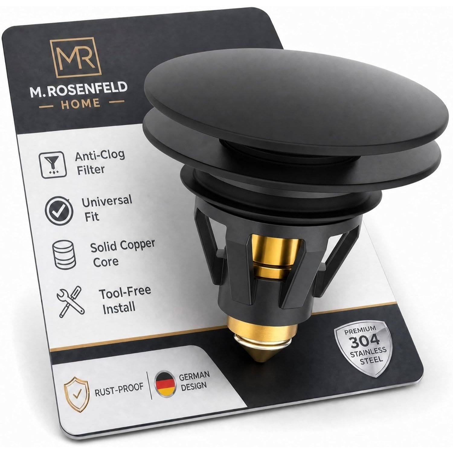 Image of Universal Matte Black Sink Drain Plug, Drain Stoppers For Bathroom Sink With Anti-clogging Filter, 304 Stainless Steel & , Installation, Pop-up Drain Stopper M. Rosenfeld Home