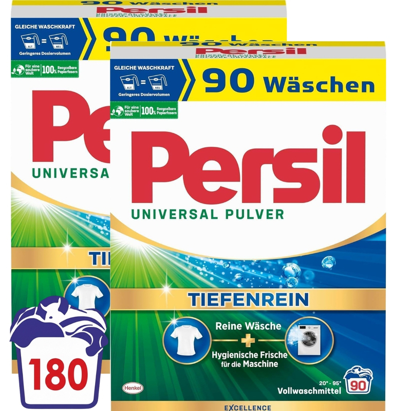 Persil Universal Powder Deep Cleaning Laundry Detergent | 2-pack - 180 Wash | Hygienic Freshness | White | From 20°c