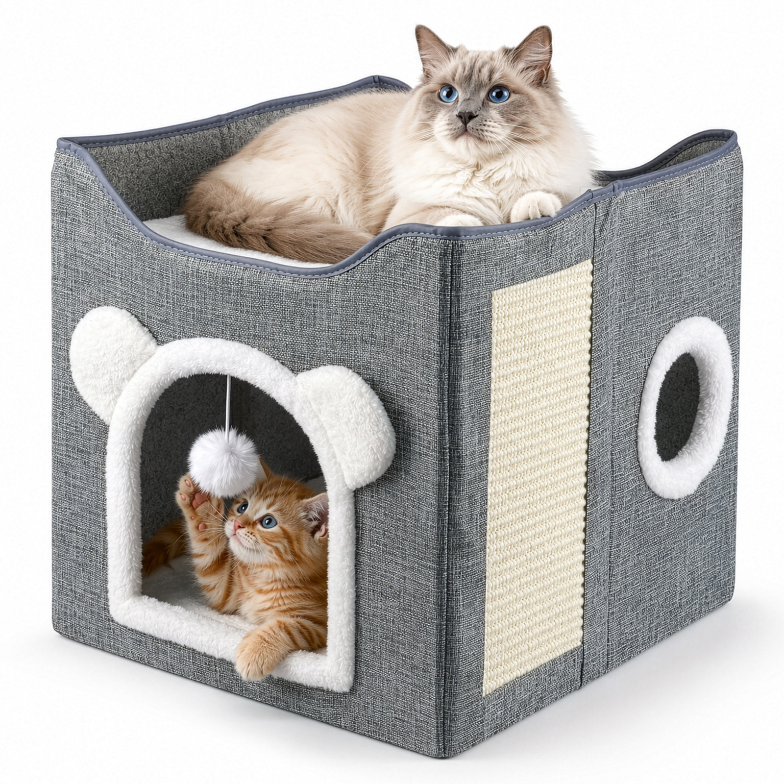 Cat House For Apartment Cats, 2-story Large Cat Cave With Scratching Board And Ball