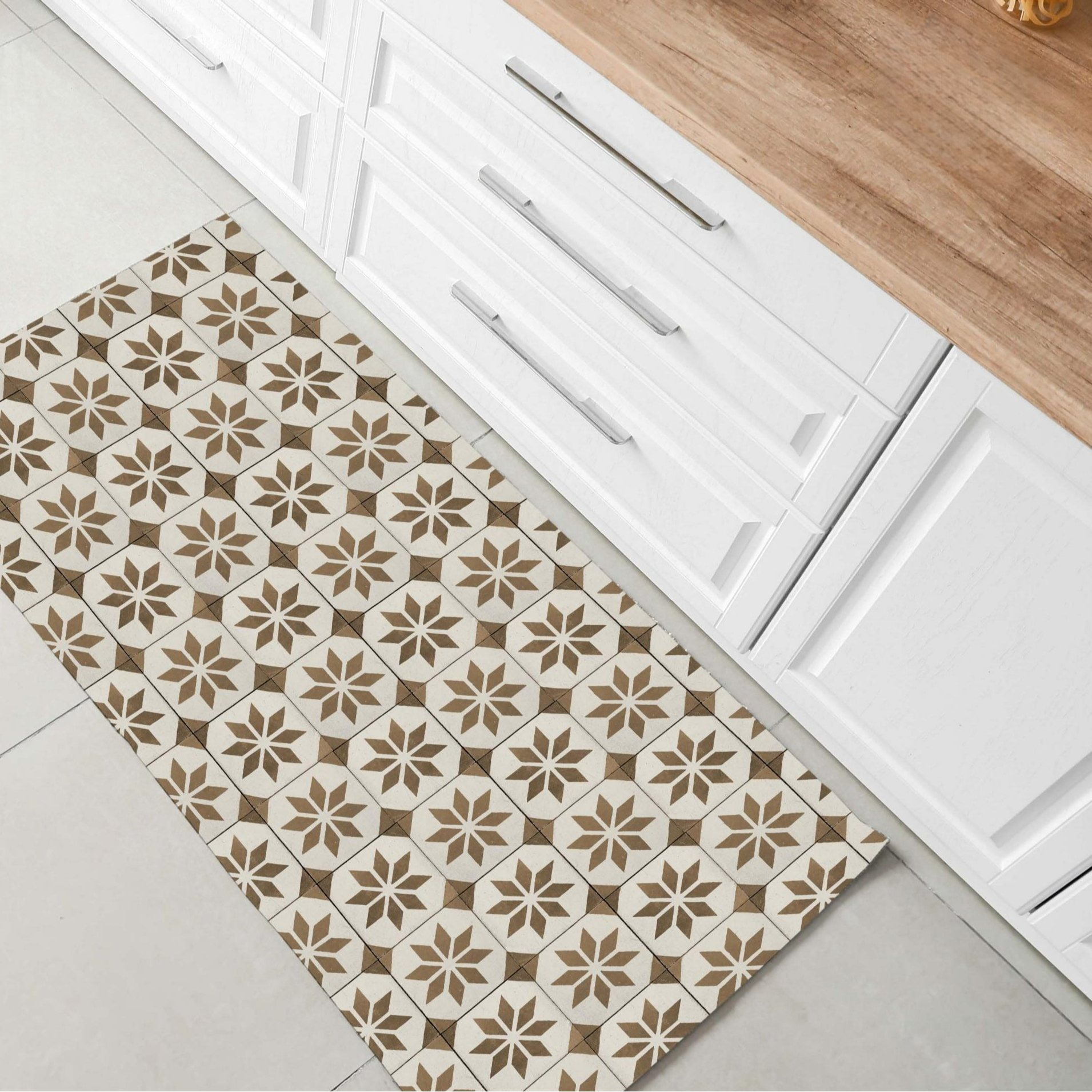 TEMU Alfombra vinílica antideslizante pasillera multiusos, diseño mosaico geométrico en beige y marrón, resistente y fácil de limpiar, ideal para