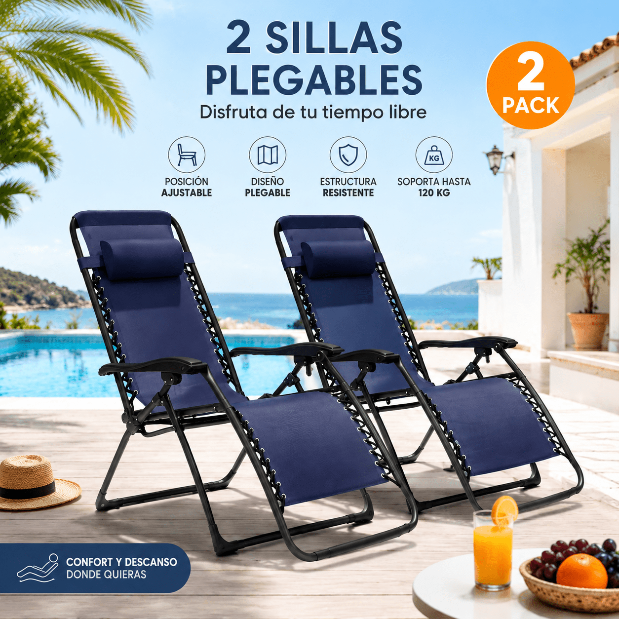 pack de 2 tumbonas plegables de jardín silla mecedora de playa asiento inclinable para piscina exterior   y camping sillón de   ergonómico con reposacabezas confort completo    