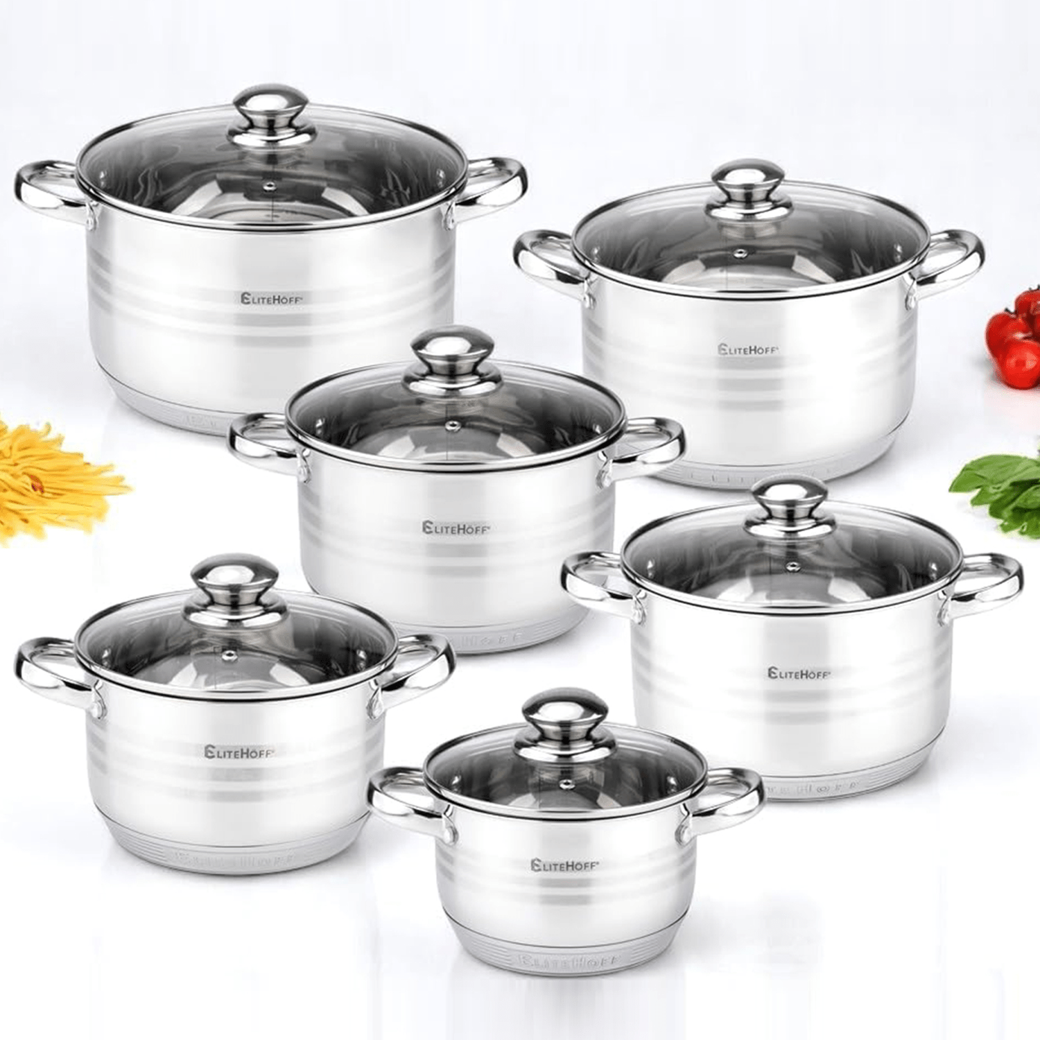 TEMU Set di Pentole in Acciaio Inossidabile, 12 Pezzi, Coperchi Inclusi, Lavabile in Lavastoviglie, per Piani Cottura Elettrici, a Gas, in Ceramica e