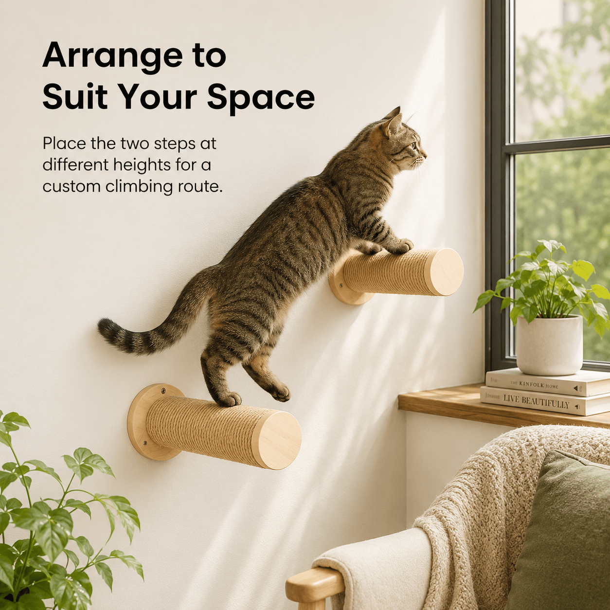 2 Pcs Wall-Mounted Cat Scratching Steps with Sisal Rope