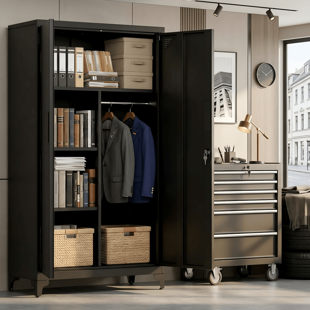 Metal Cabinet, Wardrobe Cabinet, Storage Cabinet, File Cabinet, 2 Doors, 5 Compartments, Hanging Rod, Lockable & High Feet For Storage