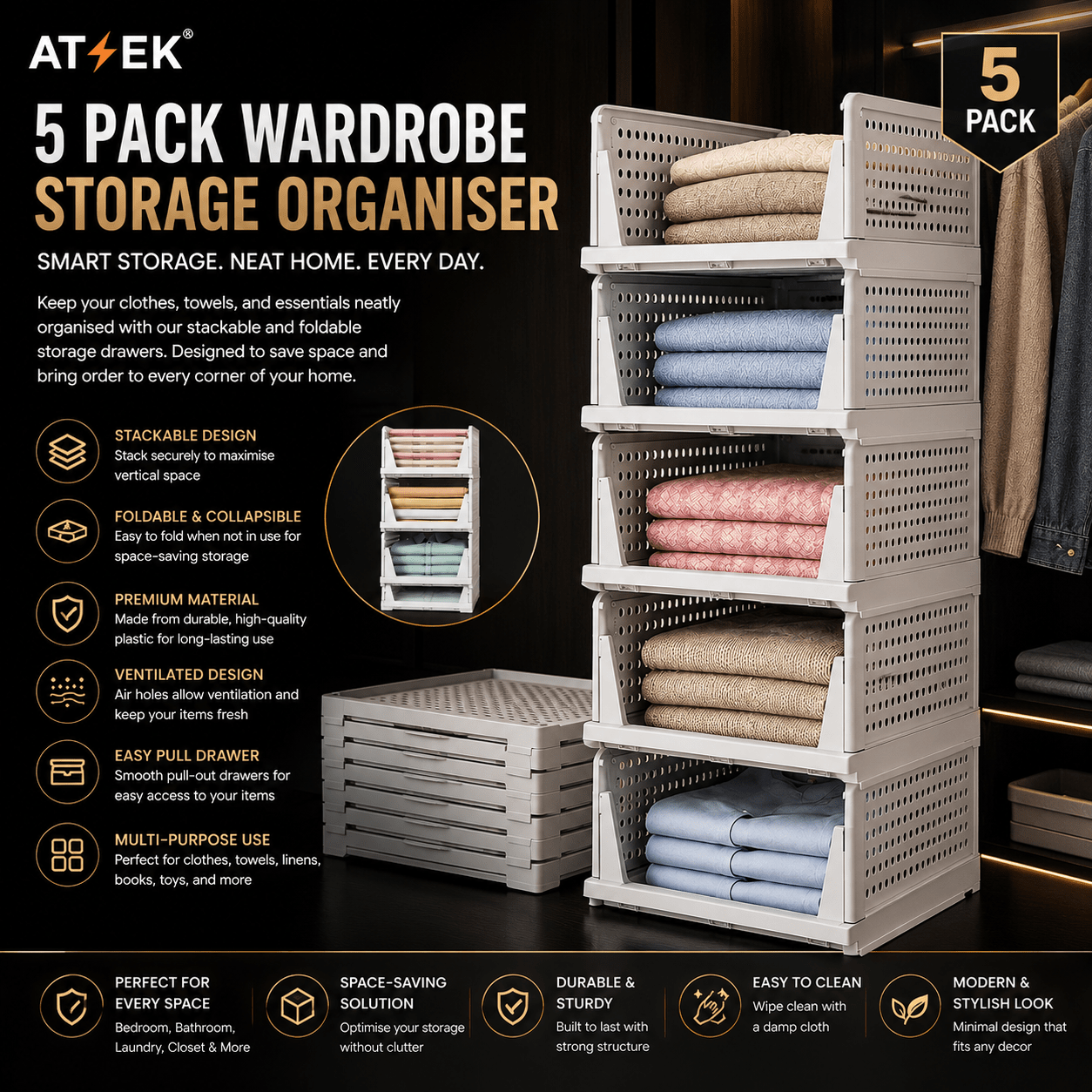 TEMU 5 Pack Wardrobe Storage Organiser, Stackable & Foldable Closet Organisers For Bedroom Bathroom Laundry Room Wardrobe Storage, Space-saving