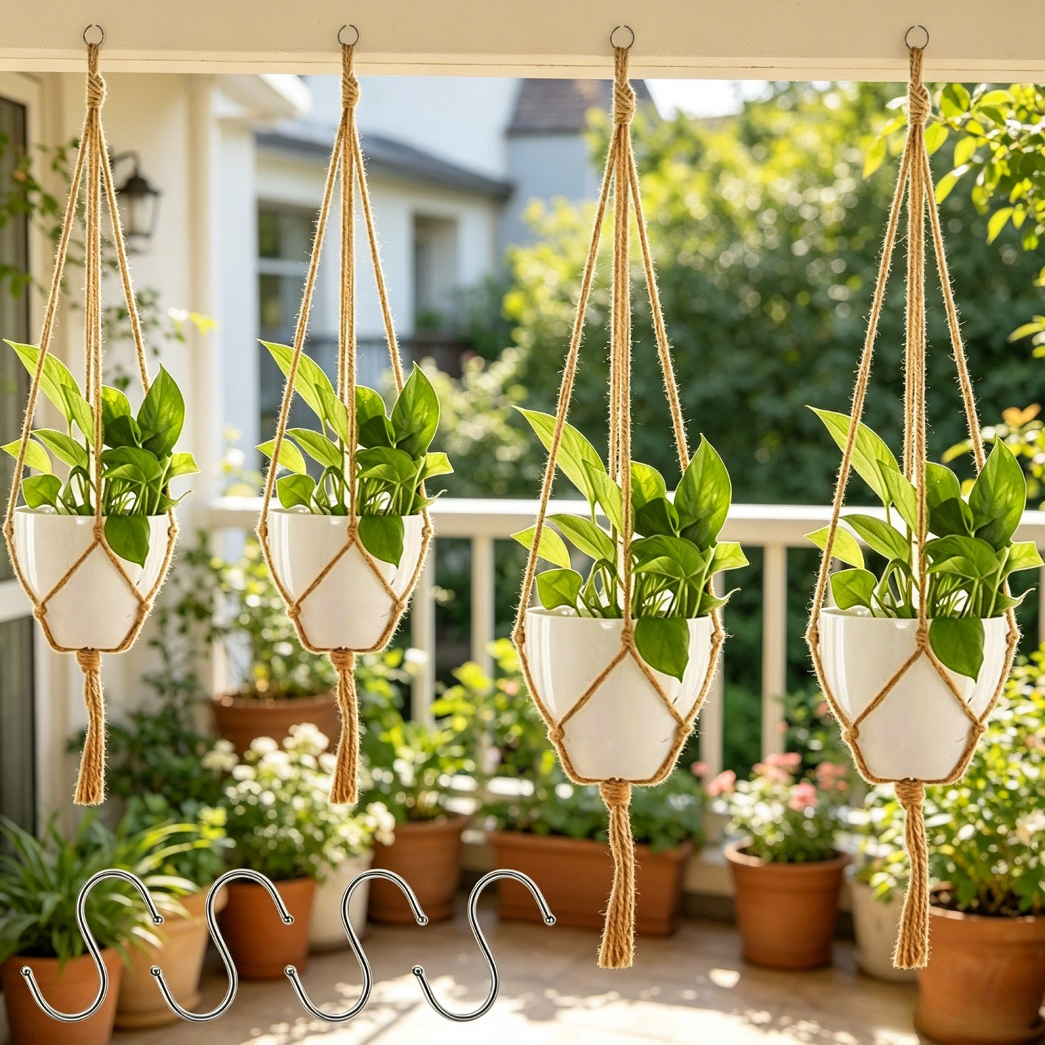 8pcs Boho Decoration Set, 2x 1.22m & 2x 1.05m Macrame Hanging Baskets With 4 S-hooks For Indoor Plants Party Accessories Set