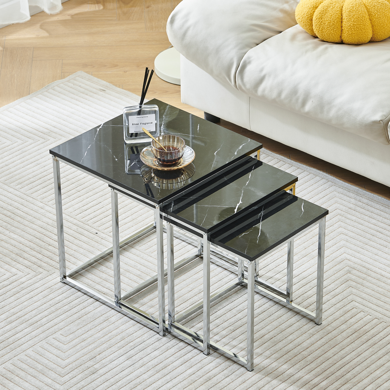Image of High Gloss Nesting Tables, Set Of 3 Tables For Living Room, Square Sofa Side Table, Stackable Coffee Tables End Tables