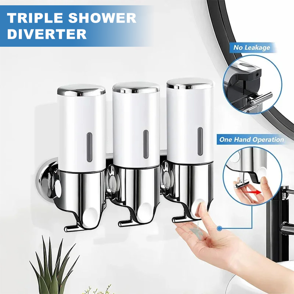 Image of Wall-mounted Push Soap Dispenser, 3 In 1 Chamber Wall Mounted Bathroom Shower Pump Dispenser, And Organizer Holds Shampoo, Soap, Conditioner, Shower Gel, For Bathroom Kitchen Hotel