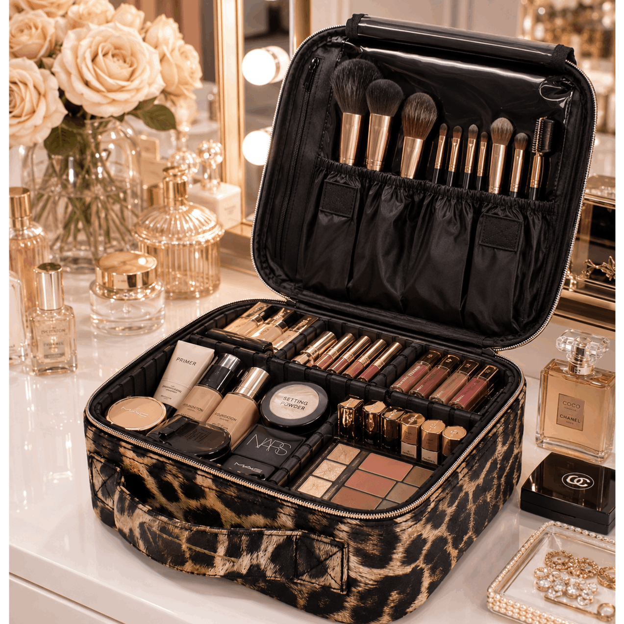 TEMU Faux Leather Leopard Print Travel Toiletry Bag With Adjustable Dividers. Portable Cosmetic Storage Box. Suitable For Organizing Cosmetics,
