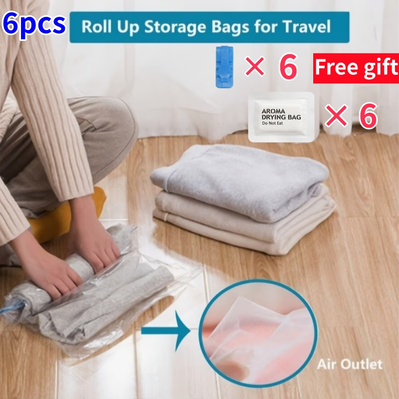TEMU 6pcs Hand‑roll Compression Bags Set, No‑pump Space‑saver Storage Bags, Travel Roll‑up Vacuum Bags, Dry‑wet Organiser Bags For Luggage, Suitcase,