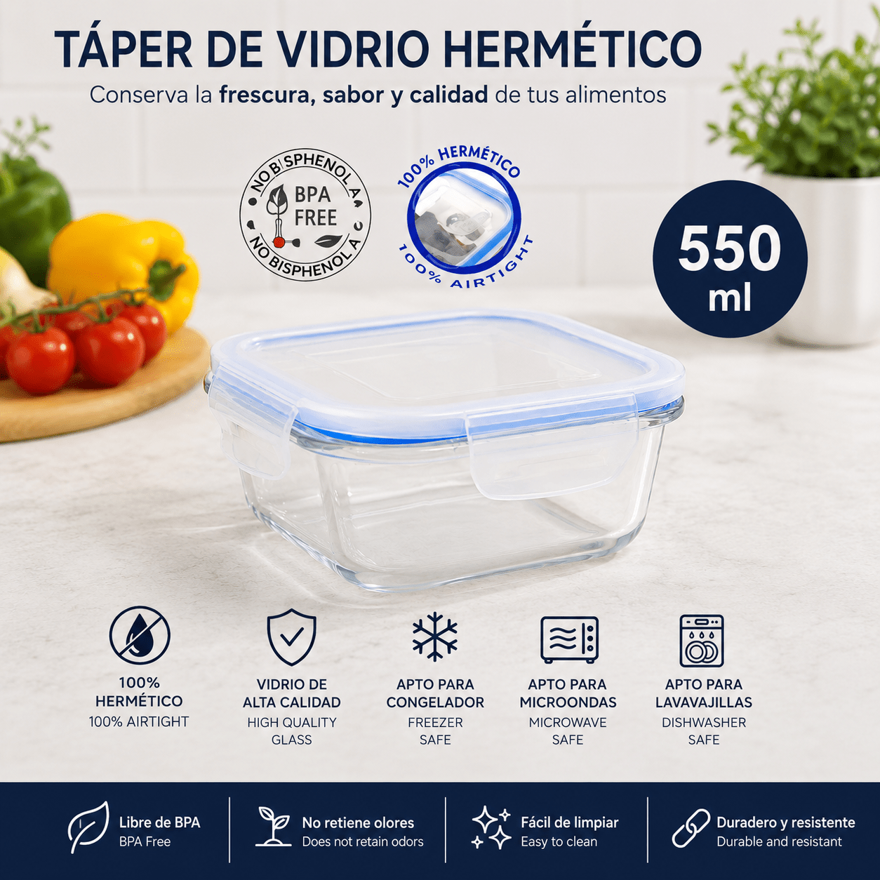 TEMU Táper de Vidrio Hermético 550 ml | para Microondas, Congelador y Lavavajillas | Libre de BPA