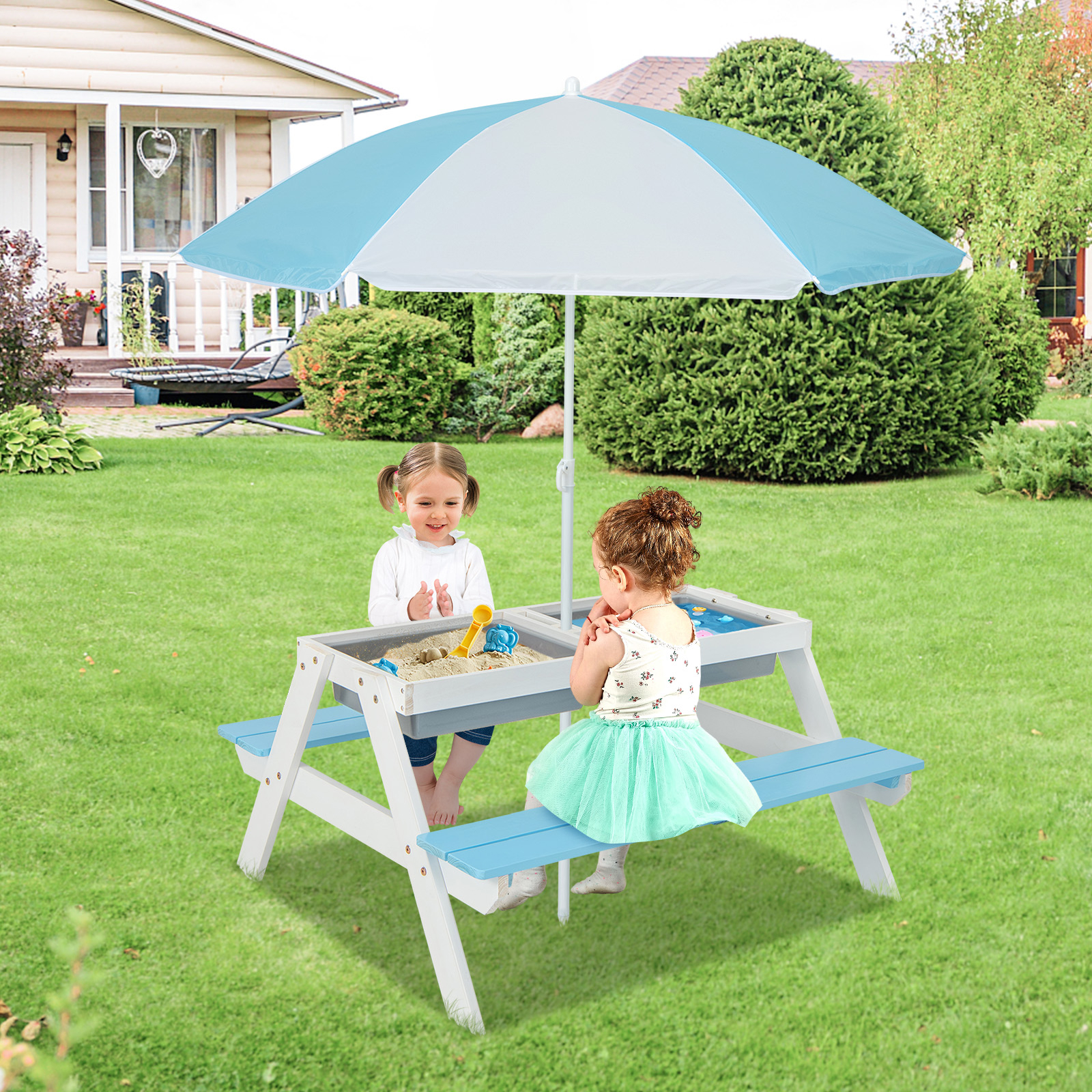 Image of Kids Picnic Table With Umbrella, 3-in-1 Water & Sand Activity Table With Removable Top & Adjustable Umbrella, Outdoor Wooden Bench & Table Set For Toddler, For Garden, Yard & Patio