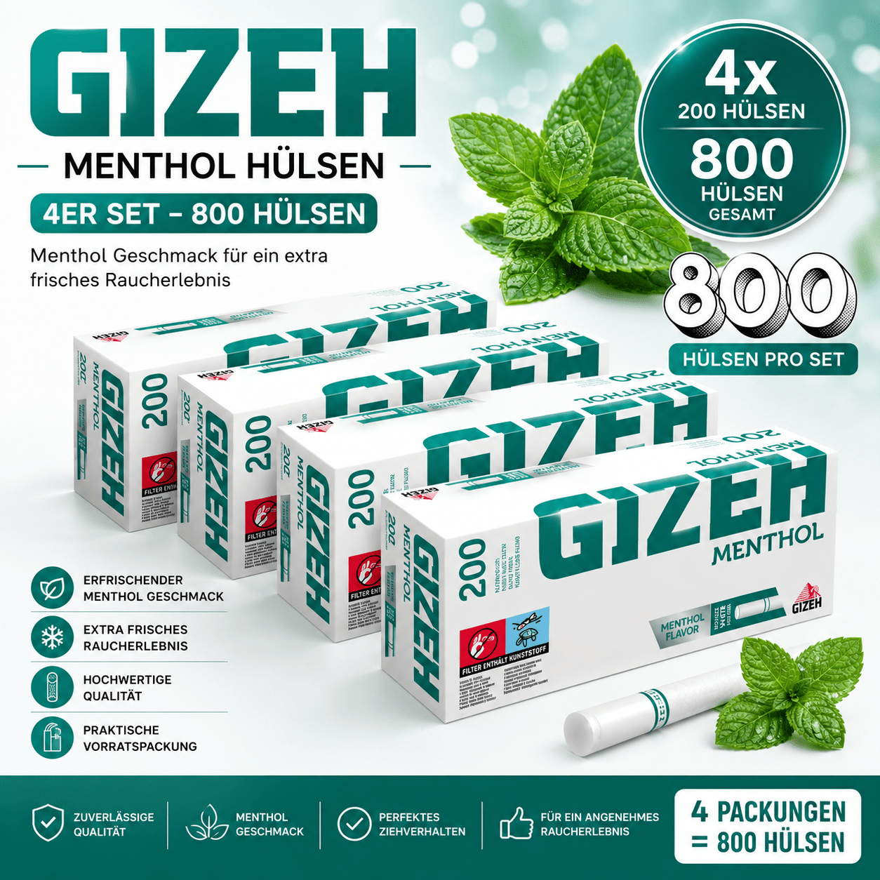 Menthol Rolling Papers 4-pack – 800 Cigarette Rolling Papers With Menthol Flavor, Smoking Experience, 200 Rolling Papers Per Pack