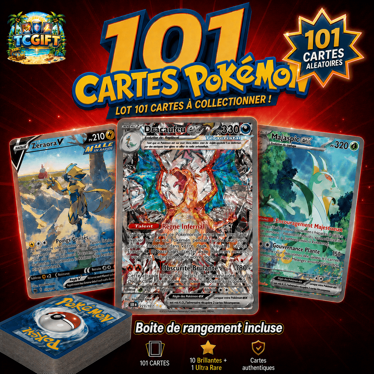 TEMU Pack de Cartes Ultra Pokémon – Lot de 100+ Cartes avec 1 Ultra ou Double Rare Garanti | Inclut des Cartes et | 100% Pokémon TCG |