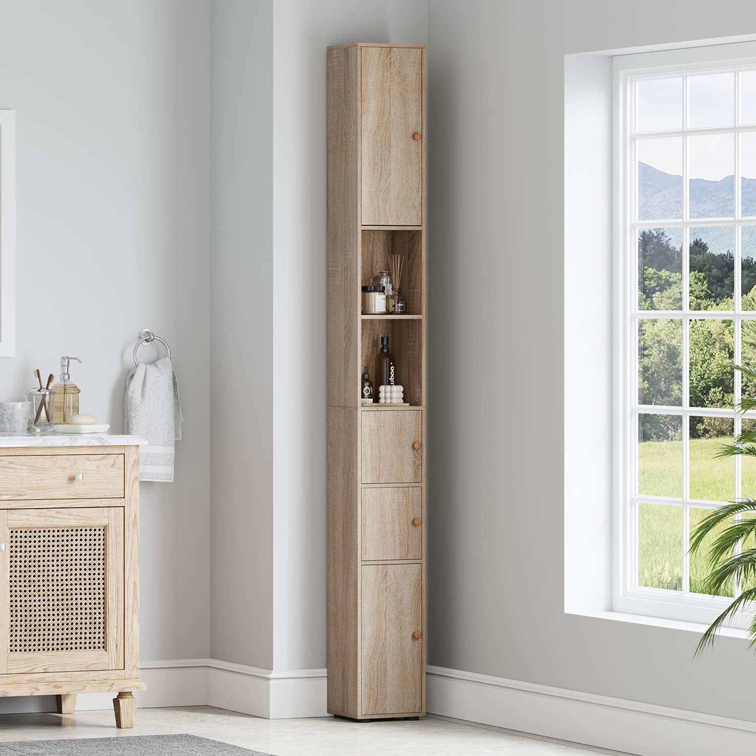 Tall Bathroom Cabinet With 2 Open Shelves, Slim Bathroom Storage Cabinet, Tallboy Bathroom Storage Unit Narrow Cupboard 20x20x180cm