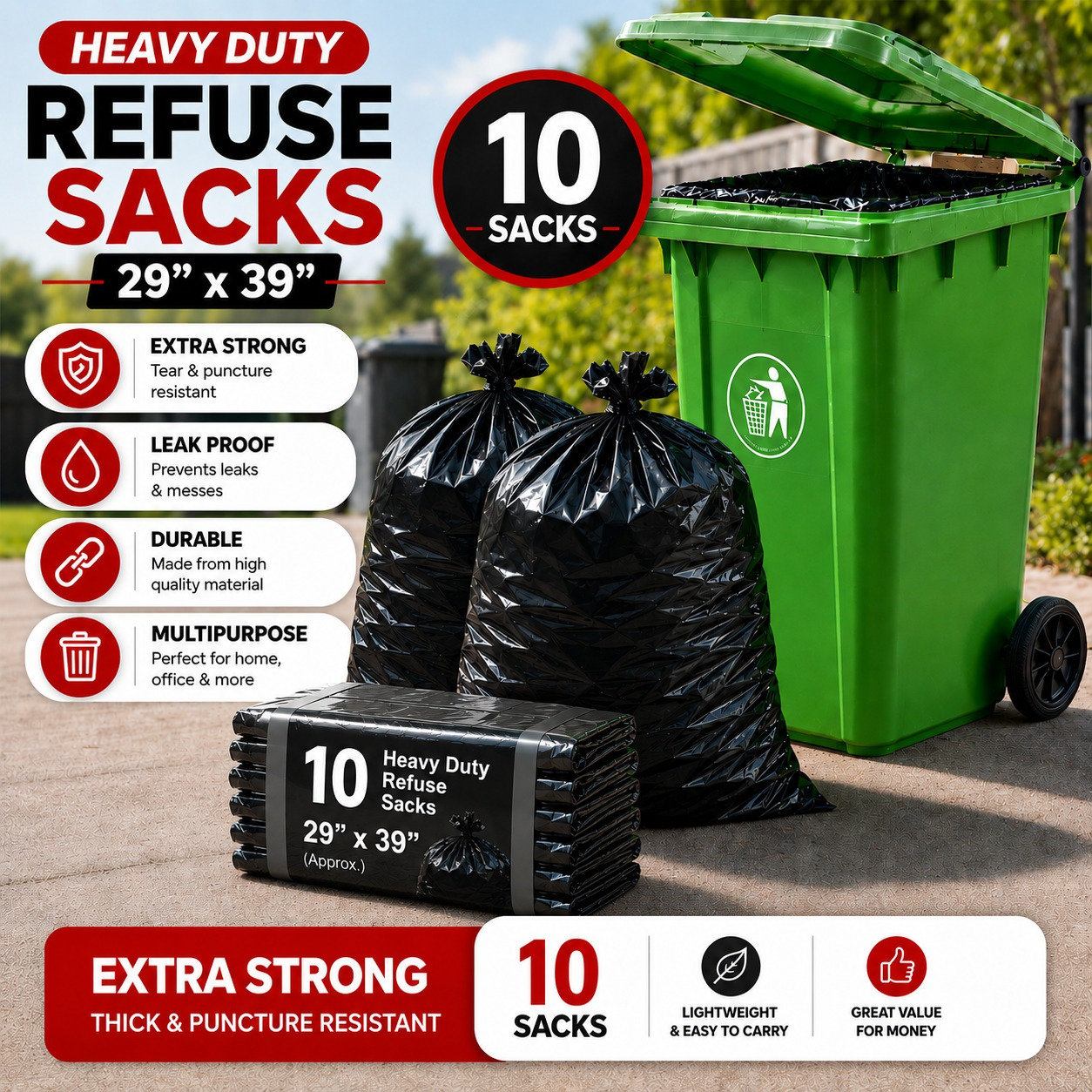 TEMU 10x Black Bin Bags Extra Heavy Duty 18 X 29 X 39 Inch Large Sacks For Household Garbage, Strong Tear-resistant Trash Bags