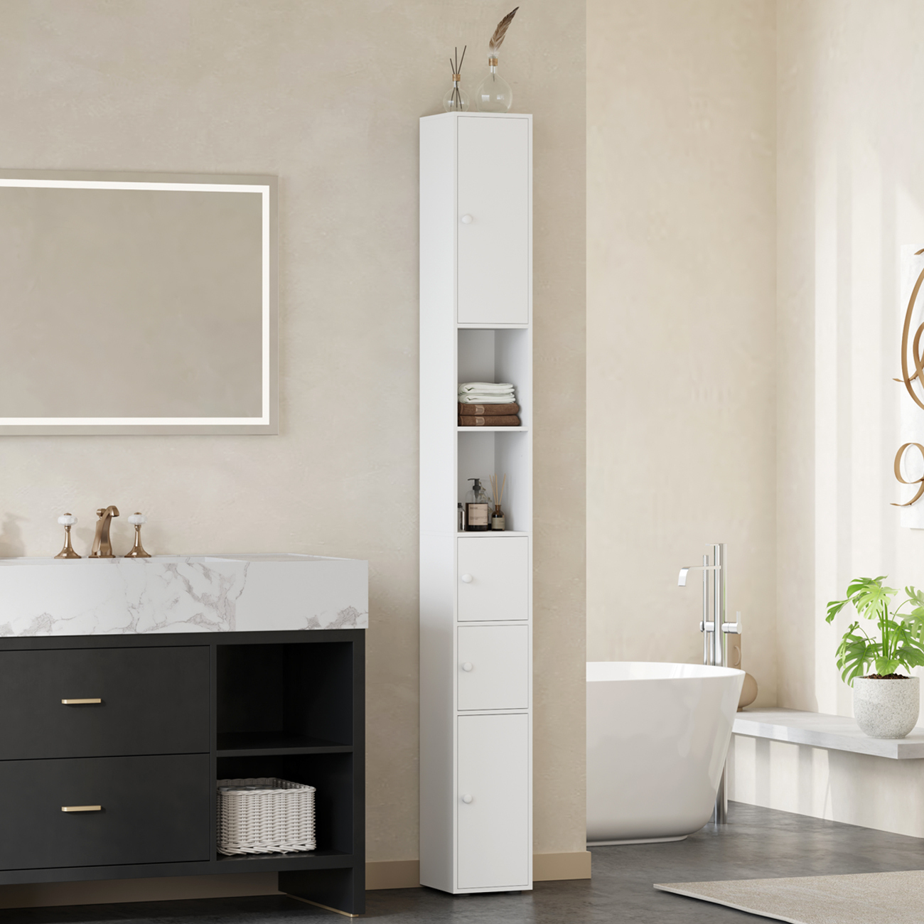 Tall Bathroom Cabinet With 2 Open Shelves, Slim Bathroom Storage Cabinet, Tallboy Bathroom Storage Unit Narrow Cupboard 20x20x180cm