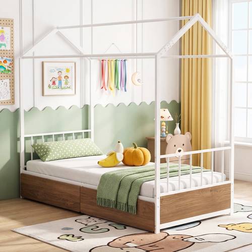 single size house bed with 2 drawers heavy duty metal platform bed with roof headboard footboard house shaped bed frame for kids boys girls spring needed natural