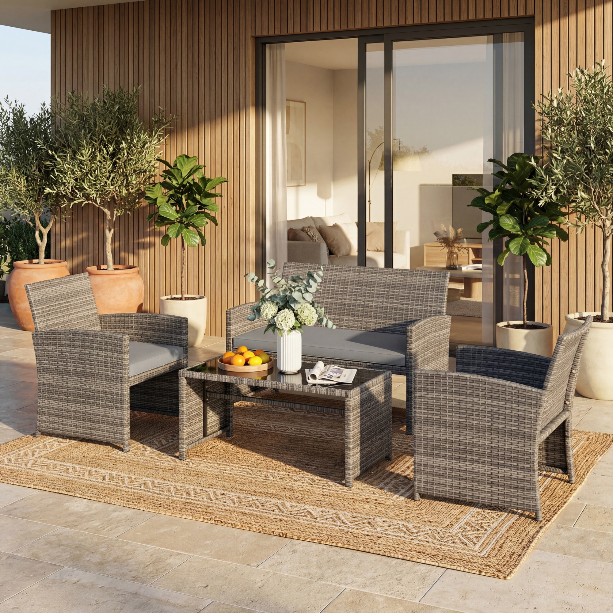 Image of 4pcs Patio Conversation Set, Rattan Chair, Loveseat & Table Set With Seat Cushions & Tempered Glass Tabletop, Outdoor Wicker Furniture For Backyard, Porch, Balcony