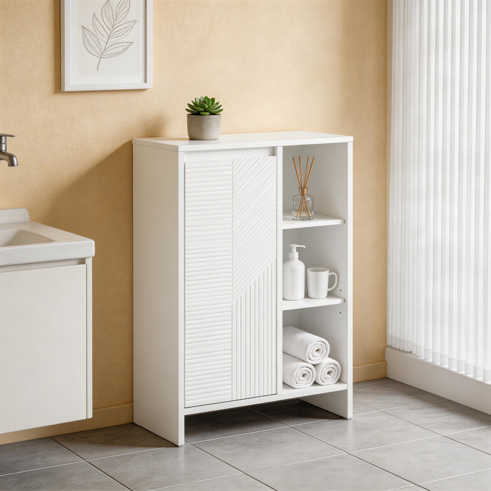 Image of Bathroom Cabinet With Laundry Basket, Bathroom Dresser, Laundry Cabinet, Bathroom Shelf With Tilt System, Storage Cabinet For Bathroom, Toilet, Laundry Room, White, 86x50x30 Cm, Cas257-x Haotian